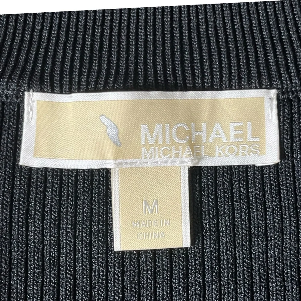 Michael Kors Black Ribbed Knit Logo Tape Zip Front Midi Dress‎ Women’s Medium